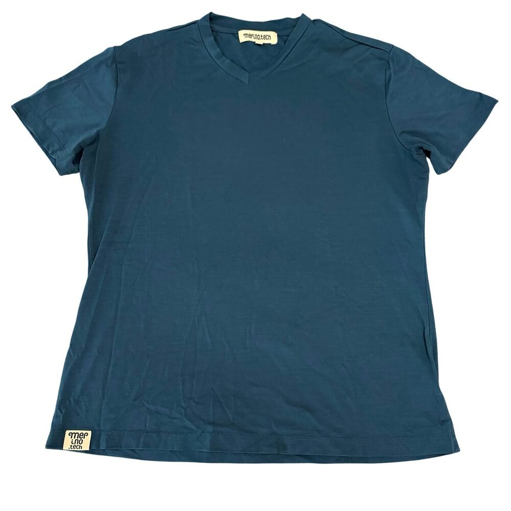 Merino.tech T Shirt Men's Size Large Teal V-Neck 100% Merino Wool Short Sleeve